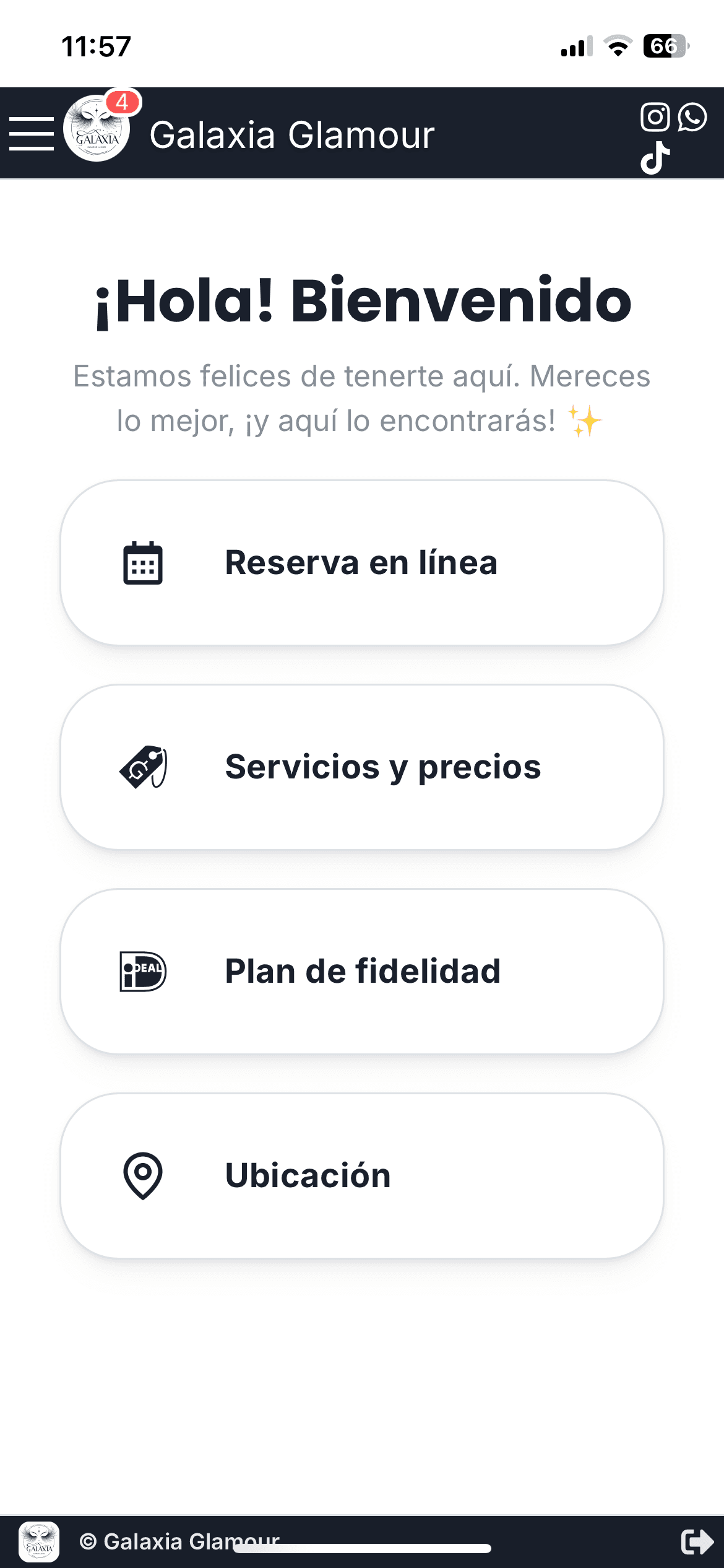 Inicio de bienvenida con botón de reserva